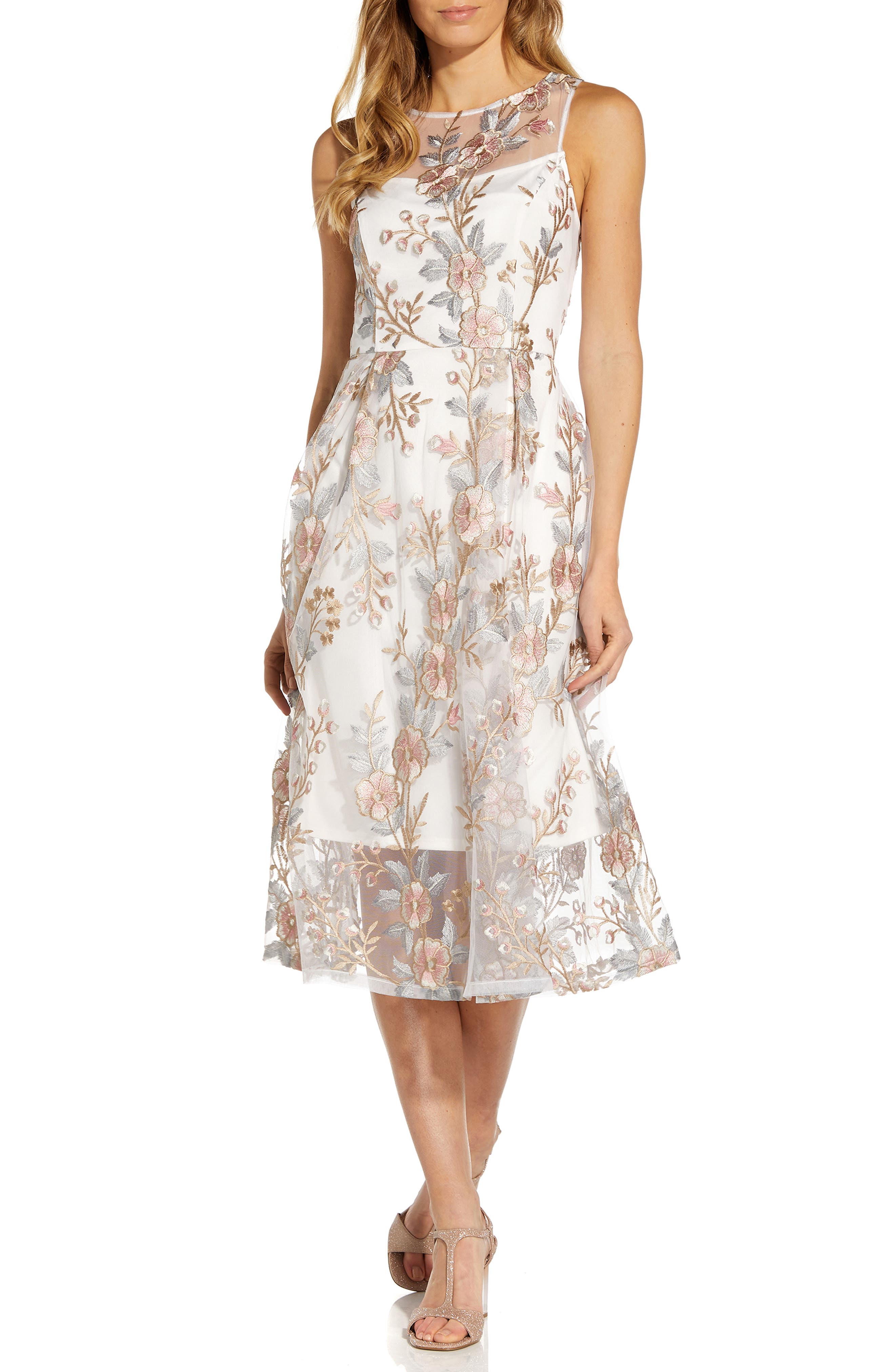 Adrianna Papell Floral Embroidered Midi ...